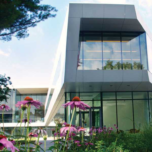 Tinkham Veale University Center with pink flowers in the foreground.